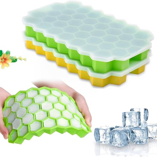 KUMSODE 2 Piezas Cubiteras para Hielo con Tapa, JRISBO Moldes de Cubitos Hielo Silicona Sin BPA, Fácil Extracción Apilables Bandeja Cubo Hielo Whisky Cola Congelado