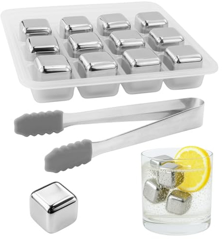 13 Stück Eiswürfel Wiederverwendbar 304 Edelstahl mit Zange und Verpackungsbox, Gefriereis für Wein, Wodka, Whisky, Bier Oder Getränkesäfte