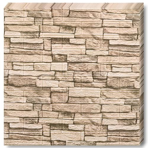Selling Depot Carta da parati adesiva 3D marrone chiaro effetto pietra naturale - Set 10 fogli (70x77cm, 5.3mq) autoadesiva, impermeabile, fonoassorbente – cucina, bagno, camera, pareti fai da te