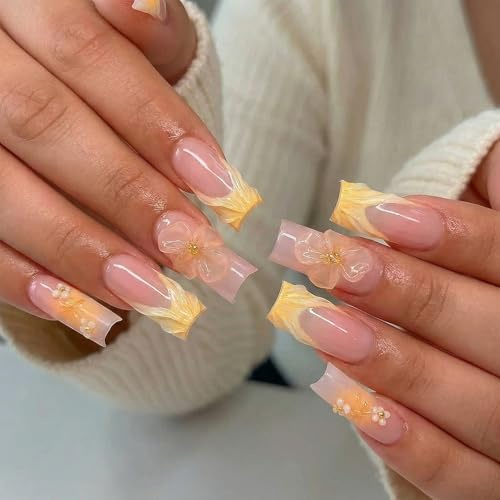 Long Square Press On Nails with 3D Floral French Tips - Yellow Spring Design Acrylic False Nails for Women, Easy Application Glossy Manicure Set for Parties, Daily Wear and Special Occasions