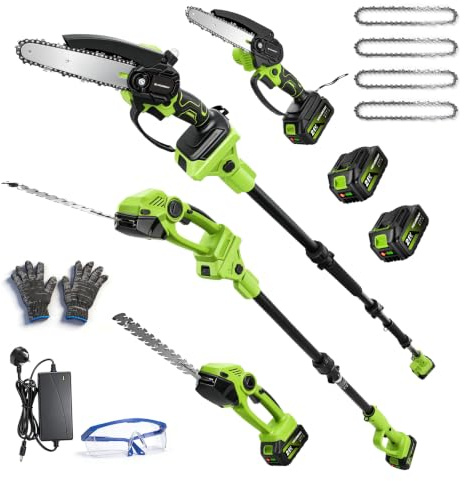 NewBeny 40cm Pole Hedge Trimmer & 6’’ Small Chainsaw with 2x3.0Ah Batteries