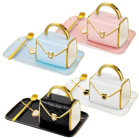 Premium Porzellan Kaffeetassen Set 4er - Handtasche Styling Tassen mit Untertasse & Löffel, 310ml Luxus Cappuccino Tassen, Kreative Geschenkidee für Frauen, Tee & Espresso Set (4 Farben)