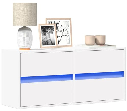 Meuble TV Mural Blanc avec Éclairage LED RGB, Armoire Télé Murale Flottante 100 cm, 4 Tiroirs de Rangement, Gain de Place pour Salon et Salle de Jeux, Design Moderne et Épuré