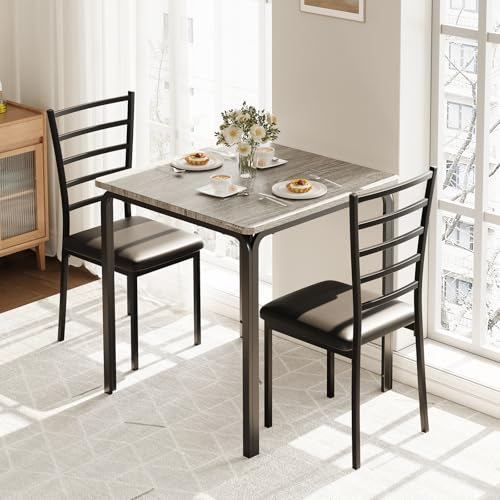 Crevyteg ﻿ 3-teiliges Tisch mit Stühlen, Esstisch Klein mit 2 Stühlen, Quadratischer Esstisch aus Metall und Holz mit 2 Gepolsterten Stühlen, Küchentisch mit 2 Stühlen für Kleine Räume, Grau
