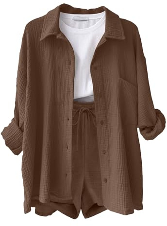 Yutdeng Ensemble 2 Pièces Femme Chic et Élégant Éte Chemise à Manches Longues et Short avec Poches en Coton et Lin Survêtement Tenue de Sport Décontracté Couleur Unie Hauts Streetwear