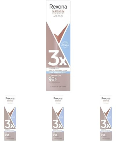 Rexona Maximum Protection Déodorant Spray Anti-Transpirant 96H Clean Scent 150ml (Lot de 4)
