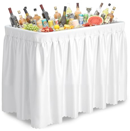Bonnlo Kühltisch mit Tischdecke – Klappbarer Getränkekühler aus HDPE, Eiskühltisch Tragbar für Party, Camping, Picknick, Hochzeit, bis 200 kg belastbar, 101,5 x 56 x 101,5 cm, Weiß