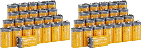 Amazon Basics - Paquete de 48 Pilas alcalinas de 9 V, 9 V/6LR61, Vida útil de 5 años, para Detector de Humo/monóxido de Carbono, electrónica y Audio