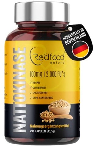 Redfood® Nattokinase Kapseln hochdosiert 290 Kapseln je 100 mg (20.000 FU/g) - 9 Monatsvorrat - Laborgeprüft und Vegan - Natto aus fermentierten Sojabohnenextrakt - Ohne unerwünschte Zusätze