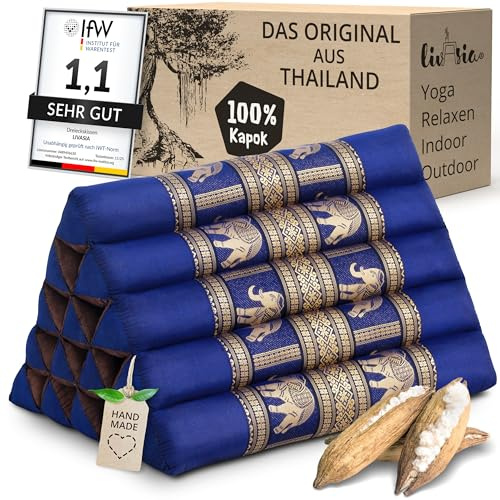 livasia Rückenstützkissen extrahoch mit Thaiseide - 38x55x35cm - Dreieckskissen für Garten/Balkon, Keilkissen mit Kapok, handgefertigt, Meditationskissen