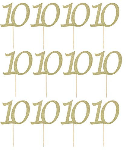 LissieLou Number 10 Cupcake Toppers Pack of 12 in Pretty Glitter Card, Made in the UK - Gold