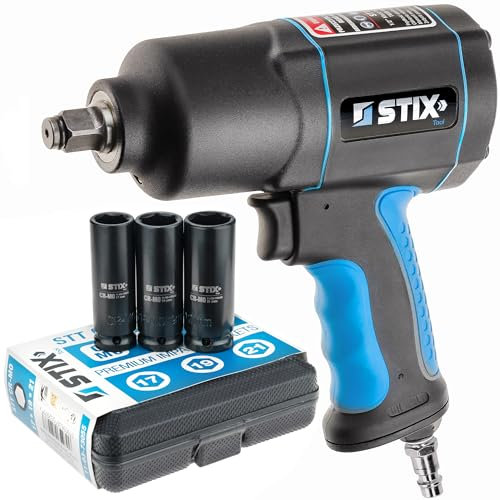 Stix Druckluft-Schlagschrauber - max. Lösemoment 1700 Nm - Druckluftschrauber zum Anziehen und Lösen von Schrauben - mit Steckschlüsselsatz 17-21mm