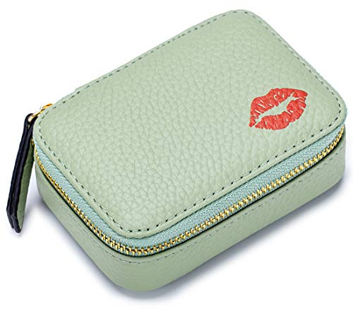 Aileder Mini-Lippenstift-Etui mit Spiegel, echtes Leder, kleine Reise-Make-up-Kosmetiktasche, Aufbewahrungstasche für Frauen und Mädchen, Mintgrün