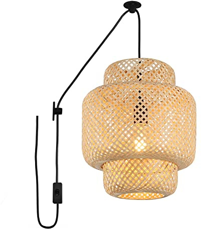 SUNLLOK Handgewebte Bambus Lampe Pendelleuchte für Esstisch, Rattan Decke Hängelampe Korblampe mit Stecker, Vintage Kronleuchter Deckenleuchte Deko für Wohnzimmer Kochinsel Restaurant