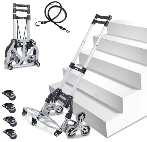 Yoleo Aluminium Treppensteiger Sackkarre klappbar, Transportkarre bis 60 kg belastbar mit Sternförmigen Rädern,Verstellbarem Griff 105 cm, Ladefläche mit Anti-Rutsch-Pads, inkl. Expanderseilen