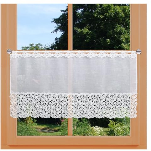 Scheibengardine Carmelita Vogtländische Spitze | moderner Scheibenhänger mit Blätterdesign weiß | zeitlose Kurzgardine mit Sockelspitze handgefertigt | hochwertige Landhausgardine HxB 50 x 80 cm