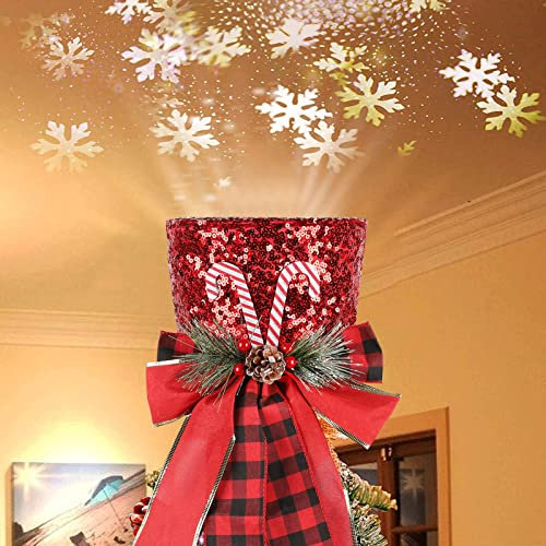 Hut Weihnachtsbaumspitze mit Projektorlampe, 45cm Rot Christbaumspitze, Schneeflocken Lichteffekte Baumspitze Weihnachten, Christbaumschmuck, Weihnachtsbaumschmuck, Weihnachtsbaum deko, Weihnachtsdeko