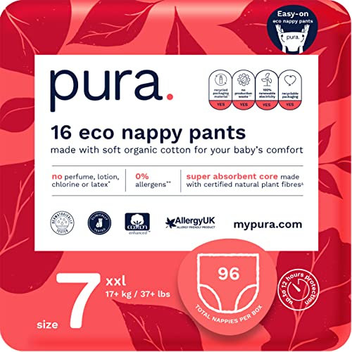 Pura Öko Baby Windelhöschen für Kleinkinder, Größe 7 (17kg+), 6 x 16 (96 Windeln), Monatsbox, Leicht Anzuziehen, Trainingswindeln, mit EU Ecolabel Zertifiziert, Ohne Duftstoffe