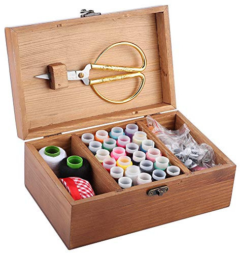 Tyenaza Nähzeug-Box-Korb, Multifunktions-Vintage-Holz-Nähkasten-Nadelfaden-Aufbewahrungskoffer DIY-Näh-Strickwerkzeug-Anfänger-Universal-Nähzeug-Zubehör(Full)