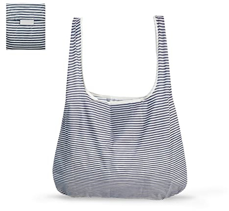 ALLY-MAGIC Foldable Shopping Bags Reusable Eco-friendly Grocery Tote Bags Shopper Bag Folding into Attached Pouch Y6-ZDGWD (Blue stripes)
