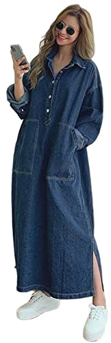 MOGSA - Abito da donna, a maniche lunghe, stile maxi, in denim con bottoni e tasche, abito casual ampio, blu scuro, Taglia unica