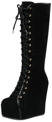 Parisuit Womens Hidden Wedge Knee High Platform Boots Round Toe Lace Up Combat Boots-black size 7