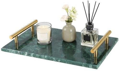 AMGSH Marmor-Tablett, 30 x 20,1 cm, luxuriöses Tablett aus natürlichem Marmor, mit kupferfarbenen Metallgriffen, Kosmetiktablett, Parfüm-Tablett, Käsebrett, Küchentheke, Jadegrün