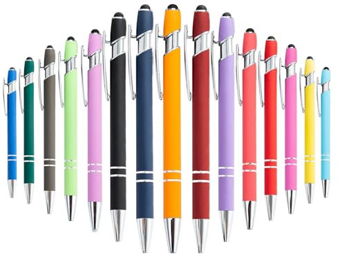 YWKJDDM Druckkugelschreiber, 15 Stück, Ergonomische Metall Kugelschreiber mit Stylus für Büro und Haushalt