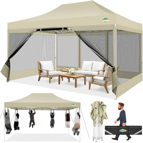 COBIZI Pavillon 3x4.5m Faltpavillon 3x4.5m Wasserdicht Stabil, Pop up Pavillon Faltbar, Partyzelt Gartenpavillon, Pavillion Klappbar UV-Schutz mit 4 Seitenwänden aus Mesh, Khaki