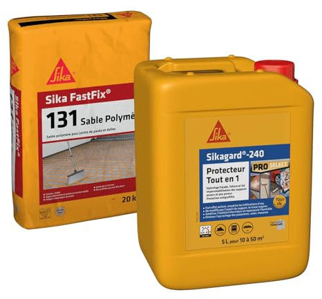 Sika FastFix 131, Sable polymère pour remplissage des joints de pavé et dalles, 20kg, Ton sable & Sikagard 240 Protecteur Tout en 1, Protection hydrofuge façade, mur, toiture et sol, 5L