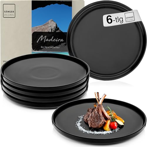 SÄNGER Madeira Teller Set 6 Personen, Steingut Geschirr Set 6 teilig | Teller Essteller Dinner Set kratzfest, Plates Set spülmaschinenfest, Steingut Speise Teller Schwarz matt