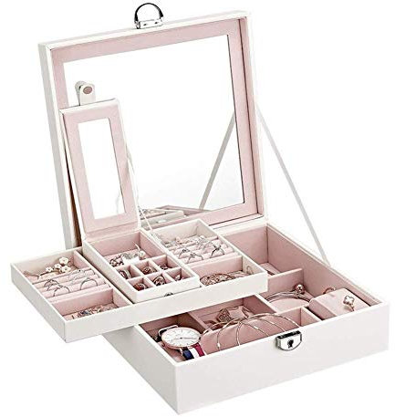 Schmuckschatullen aus Leder Schmucktruhe mit 2 Ebenen Schmuck-Organizer für Mädchen und Frauen für Ohrringe Lippenstift Halsketten Armbänder Ringe Schmuckschatull
