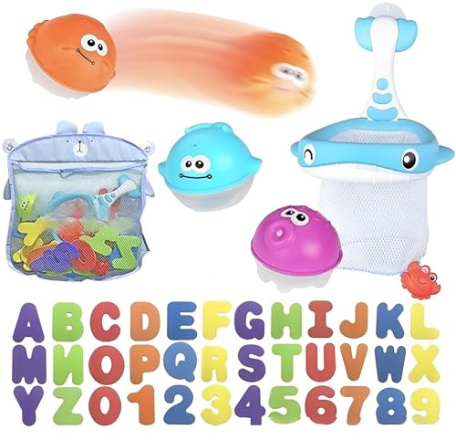 WYFCR 45PCS Jouet de Bain, 1 récepteur avec des Lettres et des Chiffres de Baignoire en Mousse Souple, 2 en 1 conçu Filet de pêche de Baleine et 3 Boules d'animaux de pulvérisation d'eau Flottante