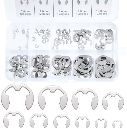 Anillo de Retención Extern, 120pcs E-Clip Electrónicos de Acero Inoxidable, Anillos de Retención Surtido 1.5/2/2.5/3/4/5/6/7/8/9/10mm, 10 tamaños con caja de plástico