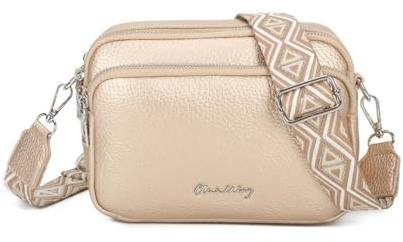 Bolso bandolera mujer pequeño de cuero PU tres compartimentos y dos bandoleras, bolso mensajero para cruzar polipiel regalo original para mujer (Dorado)