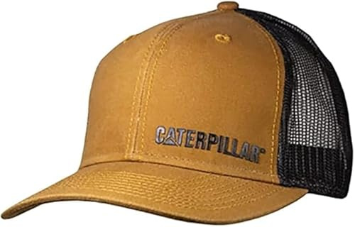 Caterpillar Equipment Washed Brown Canvas w/Black Trucker Snapback Mesh hat, Brown - Black, One size