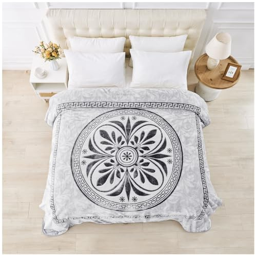 GC GAVENO CAVAILIA Sherpa Fleece Blanket (200x240 cm) - Greek Pattern Bed Throw King Size - Fluffy Throws For Bed, Sofas, Armchair - Thermal, Cosy Large Blankets and Throws Washable - Grey