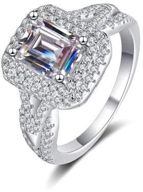 Ring Weissgold Damen Verlobung 14K, Schmuck Ringe Halo-Rechteck mit 2 Karat Weiß Quadratschliff Laborgewachsener Diamant Größe 58 (18.5)