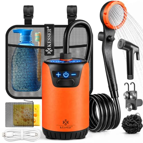 KESSER® Douche solaire de camping avec pompe et batterie rechargeable 4000 mAh - Kit de douche de camping avec pommeau de douche réglable, tuyau de 2 m, pistolet pulvérisateur et support