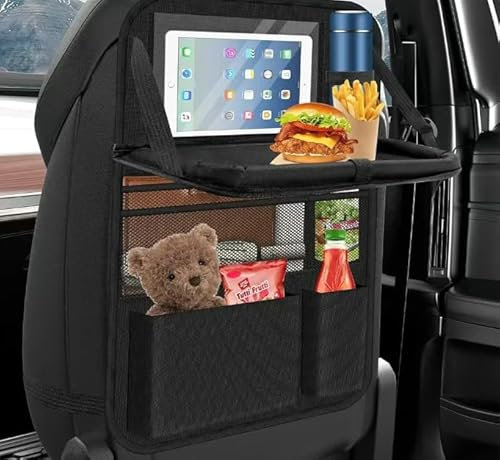 2 organizer per seggiolino auto, grande protezione per schienale, impermeabile, multifunzionale, per bambini, con tavolo pieghevole, borsa per tablet e molte tasche, colore: nero