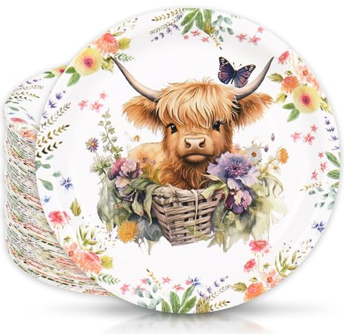 JarThenaAMCS 50Pcs Highland Cow Paper Plates Watercolor Cow Flower Disposable Plate Farmhouse Dinner Dessert Plate for Spring Summer Party Table Decor