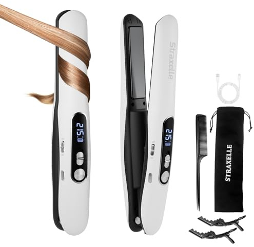 Cordless Hair Straightener and Curler 2 in 1, 5000mAh Rechargeable Mini Straightening Flat Iron with LED Display, 3 Adjustable Temp (175°C-215°C), Ceramic Plates, Travel Hair Styler