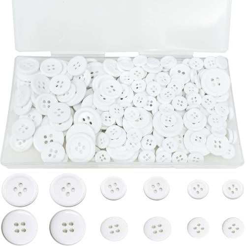 Basicon 200er-Pack Knöpfe aus Harz in mehreren Größen | Weiße runde 4-Loch-Nähknöpfe für DIY-Handwerk, Bekleidungsherstellung und Ornamentdekoration (10 mm/0,4 15 mm/0,6 20 mm/0,8)