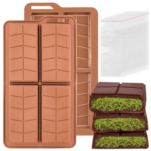 2 Sets Chocolate Bar Mold 0.82inch Deep,Dubai Silicone Chocolate Molds-B1 | Non-Stick, Flexible, Food Grade Silicone Mold Homemade Dubai Pistachio,Granola Bar,Candy,Snacks (with 100pcs Bags)