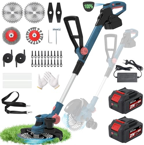Rasentrimmer mit 21V,freischneider mit unkrautbürste,2-in-1 Freischneider akku,6 Klingentypen,inkl 2X4.0Ah Akku & Ladegerät,750W Bürstenloser Motor-Light Blue