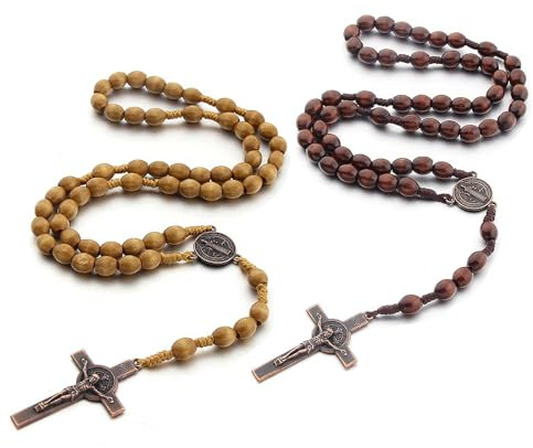 SSHUIKKAI 2 Stück Rosenkranz Kette, Orthodoxes Kreuz, Jesus Kreuz Kette, Rosenkranz Holz, für Katholische Christen Religiöse Kommunion, Taufe, Messe, Bibel(Dunkelbraun/Hellbraun)