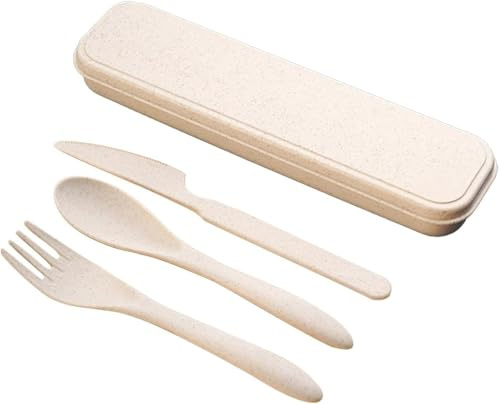 1 Set Travel Cutlery Set - Portable Plastic Fork, Knife & Spoon - Reusable Flatware with Case - Lightweight Camping, Picnic, School & Office Tableware (Beige)