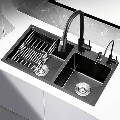 SQYHYTS 72cm Évier Multifonction 2 Bac en INOX avec des Robinets Extractibles Chaud/Froid,Évier De Cuisine Encastré Comprend Un Tapis Insonorisant,pour Camping-Cars,Bars,Buanderies,72 * 40 * 22cm