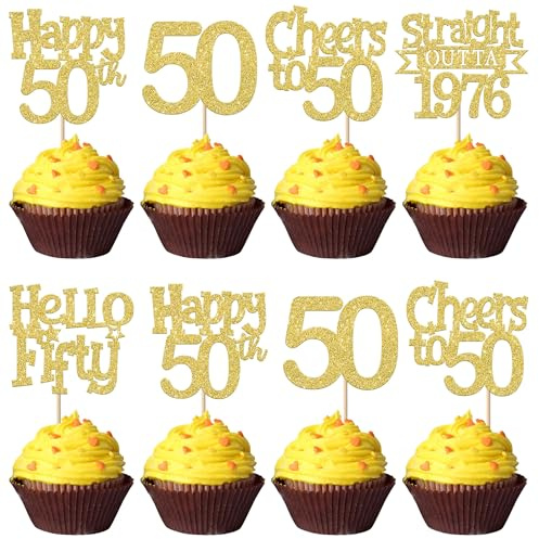 SYKYCTCY 30 Pack Straight Outta 1976 Cupcake Toppers Glitter Hello Fifty Happy 50th Birthday Cupcake Picks Cheers to 50 Years Cake Decorations for 50th Birthday Party Supplies Gold