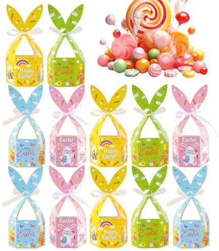 Liakyunf Cajas de recuerdo, cajas de dulces de Pascua con cinta | cesta de orejas de conejo para pastas de Pascua, pasteles, dulces, postres, día festivo, aula